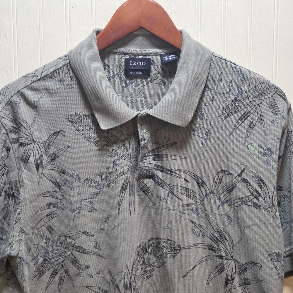 IZOD Silk Wash Polo Shirt Mens L Gray Floral Print Tropical Cotton Knit Top